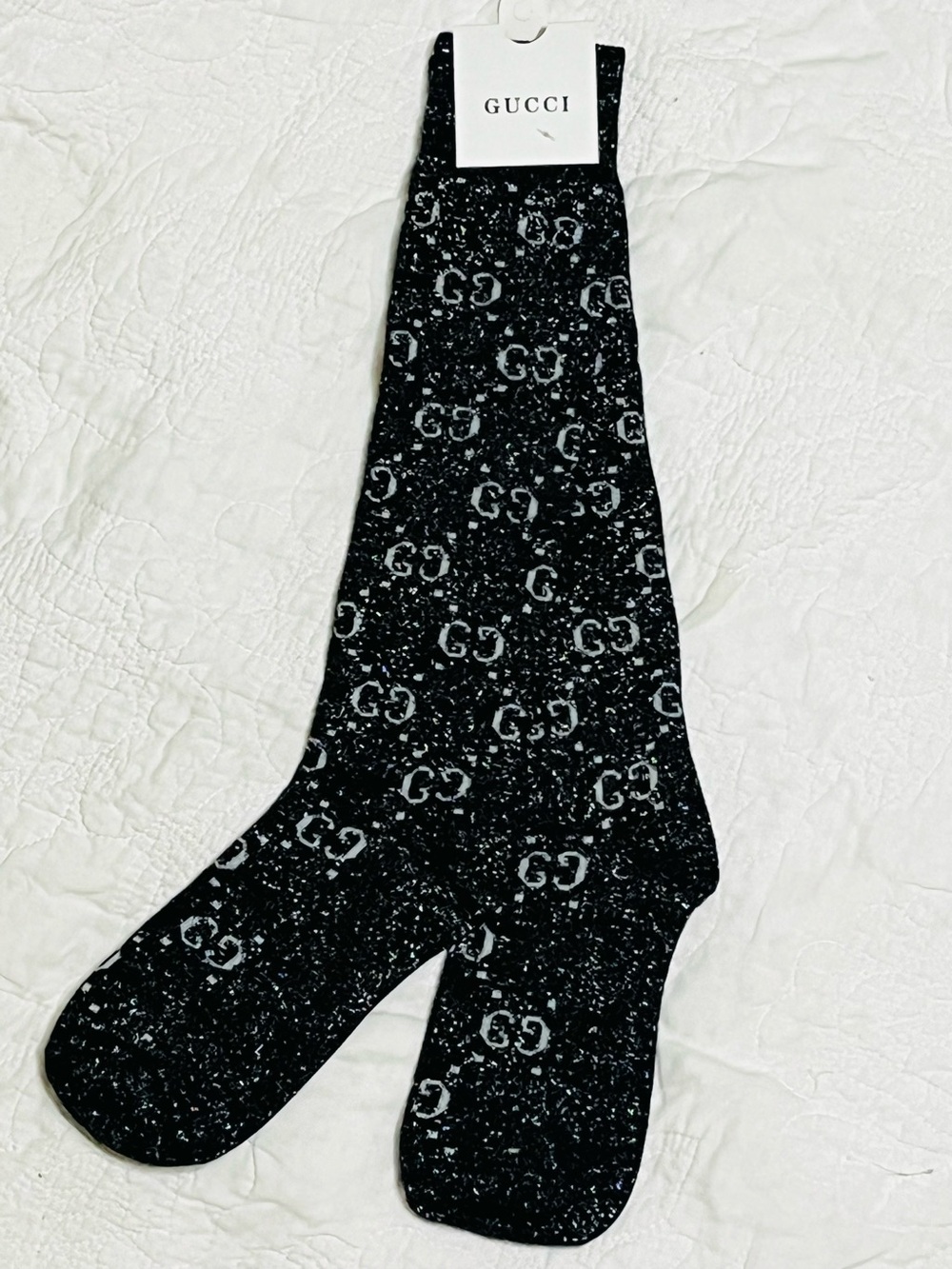 Gucci. Black Silver White Metallic Shiny Knee High Letter Socks